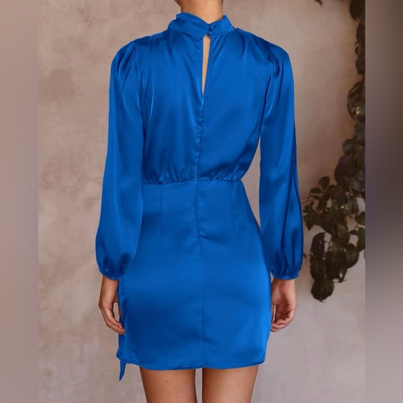 BTFBM Women's Long Sleeve Satin Mock Neck Ruched Tie Waist Large - Picture 3 of 8